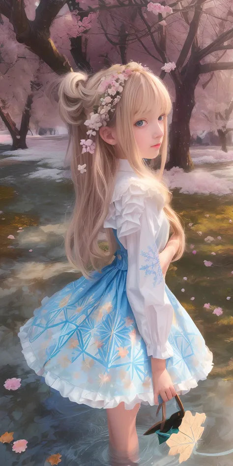 ((masterpiece:1.4, best quality))+, (ultra detailed)+,1girl, (loli:1.4),silver hair, twintails,very long hair,  blue eyes, flat chest, (Geometric Seasons, seasonal patterns, (spring blossoms:1.2), (Milky Way:1.05), (autumn leaves:0.95),(beautiful snowflake...