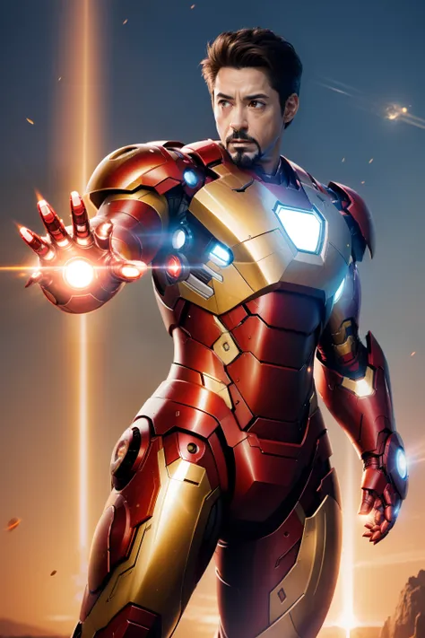 Iron Man，golden armour，Use its pillar of light skill in sunlight