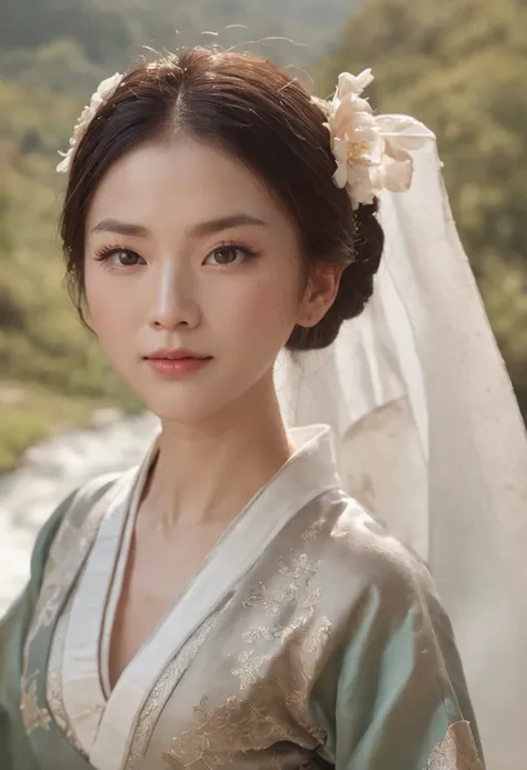 ((Realistic lighting, best qualtiy, 8k, tmasterpiece:1.3)), sharp fokus:1.2,There was a young woman in Hanfu sitting by the window， Mountain creek，With sunset, ，Ultra-fine face，Realistic facial features，Fine eyes，二重まぶた，Delicate mouth，small detailed，realist...