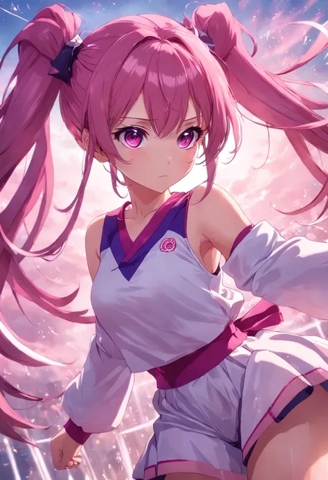 Keqing，Pretty girl anime pictures，Wearing a white jersey，Double screw bun，Deep purple double ponytail，Fuchsia diamond-shaped pupil，Shooting，Under the basket，4k