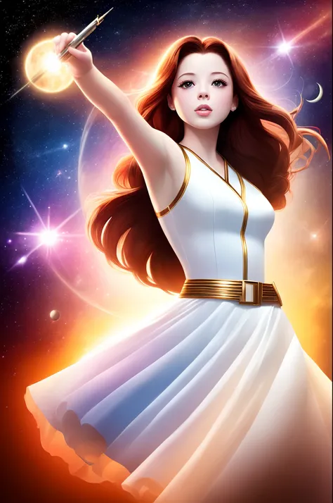 ((tmasterpiece)), hiquality, Ultra-detailed, (young Michelle Trachtenberg ), space, (in the style of KAAN), 8K, the best illustration, graceful, hight resolution, Dynamic perspective, Dynamic posture,