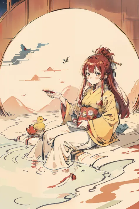 Red Long Hair Japanese Red and White Witch Costume Bathtub Little Yellow Duck Toy Gaze Natural Stay Western Hotel Hair Drops Japanese Sky Tree Night