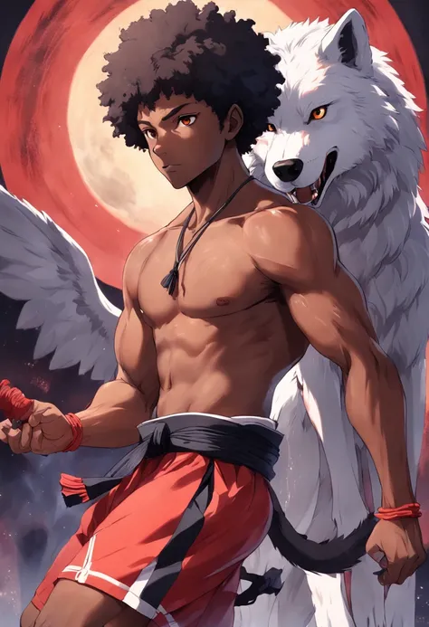 Black man with short afro hair Social red cord of Capoeira with wolf characteristics