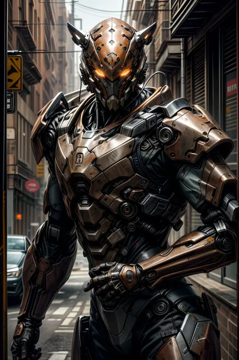 Portrait photo of an alpha male, perfect eyes, in a worn mecha suit, intricate, (steel metal [rust]), elegant, sharp focus, photo by greg rutkowski, soft lighting, vibrant colors, masterpiece, ((streets)), cowboy shot, dynamic pose,