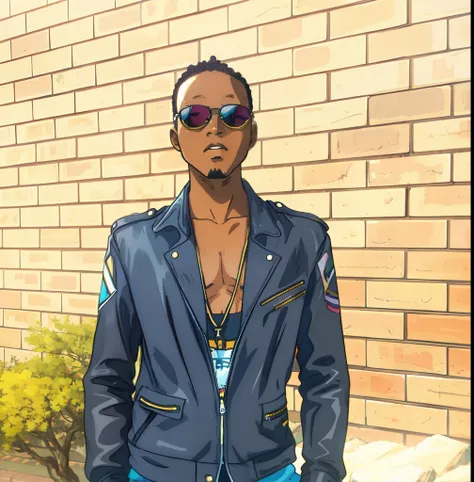 African man in a black leather jacket and sunglasses standing in front of a building, with a cool pose, stylish pose, mid shot portrait, casual pose, in style of davey adesida, 80s style anime.