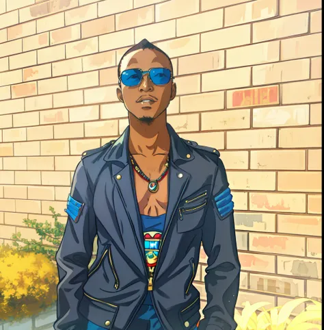 African man in a black leather jacket and sunglasses standing in front of a building, with a cool pose, stylish pose, mid shot portrait, casual pose, in style of davey adesida, 80s style anime.