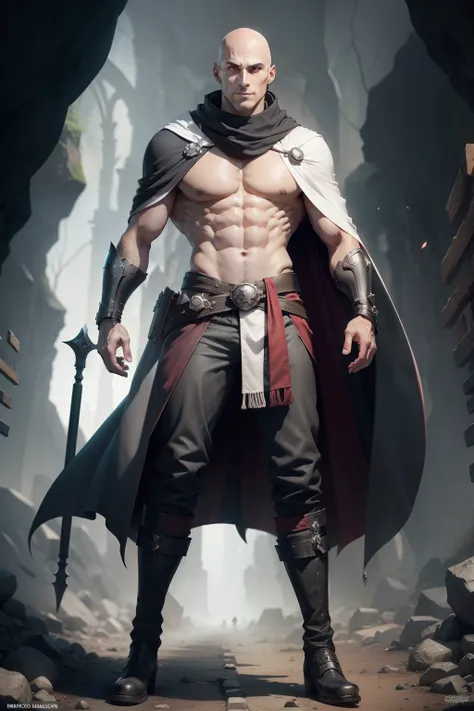 male character, gray eyes: 2:4, (((bald))), white scars on his face horizontally across his forehead, heavy gray scarf, black trickster outfit, smirk, black boots, in a cave with scattered treasures, anime style , dynamics, particles around hearts, full bo...