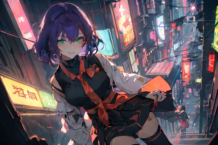 cyberpunked、University City、Neon light、blimp、natta、Sateen、Schools、pupils on、女の子1人、独奏、hi-school girl、purple color  hair、Green eyes、校服、a smile、emphasizing thighs、knee high、youkai、​masterpiece