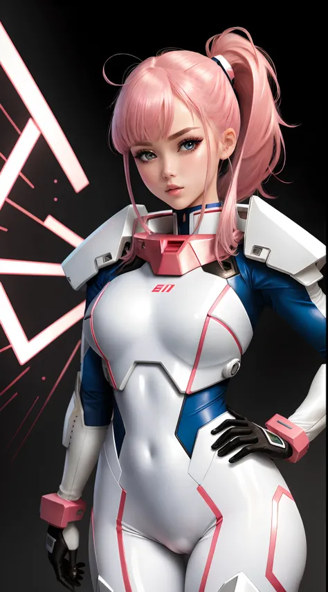 1girl, skinny model, gundam mecha suit, white sci fi mecha suit, 2 long pink ponytails haircut, pink hair, dual ponytails, adult woman, fit skinny body, perfect face, perfect big blue eyes, glossy blush cheeks, strong pose, metal gundam outfit, weaponized ...