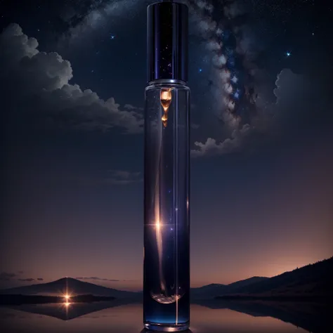 (A glass bottle product filled with perfume), next to a girl sleeping under a starry sky, transmitting tranquility and serenity. (ultra realistic, ultra 8k quality), ((masterpiece)), crescent Moon lit Night, reflection, starry sky, scenery, cloud, sparkle,...