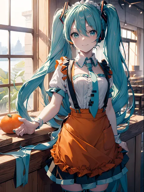 absurderes,(​masterpiece、top-quality、8K ),intricate detailes,ultra-detailliert、One pretty girl、((miku hatsune:1.5)),(Green hair、Twin-tailed:1.4),A smile、Bright restaurant、
(Orange Family Restaurant Uniform:1.2), (Orange Suspender Skirt:1.4),(Orange Apron:1...