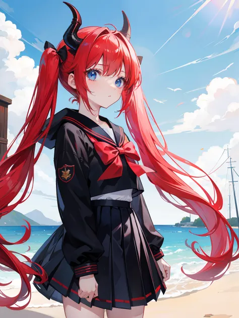 red hair, blue eyes, twintails, Sailor suit,black coat, Pleated skirt,solo,loli,cute,bow,Dragon horns