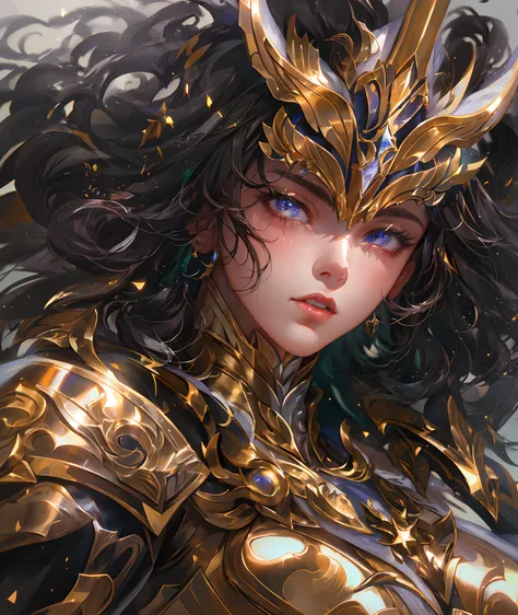 Ultra-high saturation，（tmasterpiece）， fully body photo，（best qualtiy）， （1girll）， starryskybackground，Wearing shiny gold armor， Sexy lingerie type armor，Expose your chest，Expose the waistline，Exposing thighs，cool-pose， Saint Seiya Armor， messy  hair，high de...