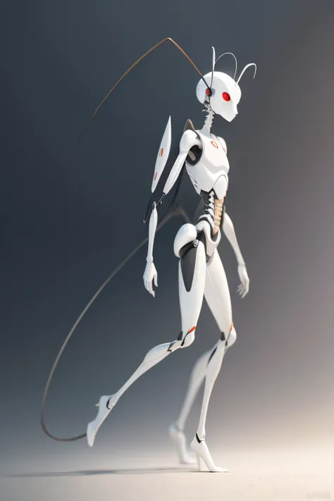 An image of a white, human-like ant walking, animated and 2D from a 2D and side angle