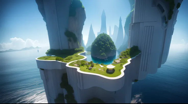 Generate a surreal scene featuring floating islands and upside-down architecture.