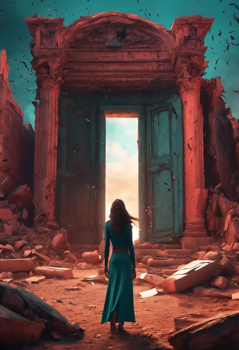 The World After the Destruction, A woman stands in front of an ancient ruins that have collapsed. There is a mysterious door and you are trying to get inside.