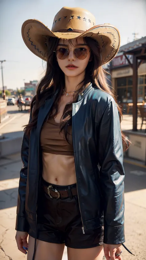 4k hltra hd, mastermiece, best quality, a girl, good face, sun glasses, detailed lips, long hair, strait hair, wearing cowboy outfit, blue leather jacket, cowboy hat, blurred background, morning, whole body capture,