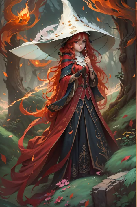 In this picture, a stunningly beautiful girl captivates the viewer. With her long red hair flowing like fire, and her piercing red eyes, she exuded an air of mystery and fascination. A wizards hat sits atop her head, adding an element of charm to her look....