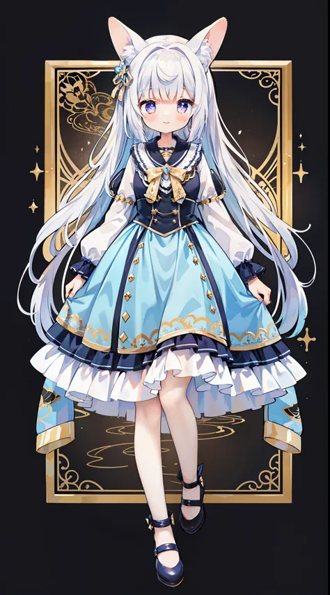 1 girl in、((Full body standing picture))、top-quality、hightquality、​masterpiece、a beautiful girl with white hair，Violet skirt，Tall and tall，slenderness，With a smile，Flushed face，Stand in Wonderland，Radiant