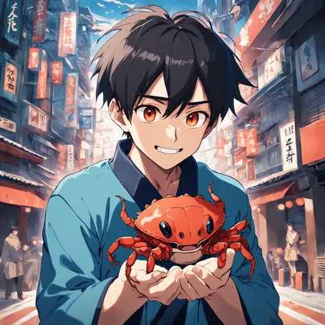 ５Male in his 0s 1 Asian holding hairy crab in his hand １A smile　bigeyes９0s style anime retro