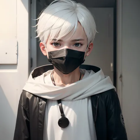 A boy wearing a mask，Calm personality，apathy，white color hair，black facemask，Indifferent staring ahead