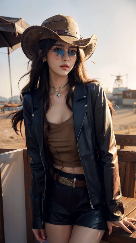 4k hltra hd, mastermiece, best quality, a girl, good face, sun glasses, detailed lips, long hair, strait hair, wearing cowboy outfit, blue leather jacket, cowboy hat, blurred background, morning, whole body capture,