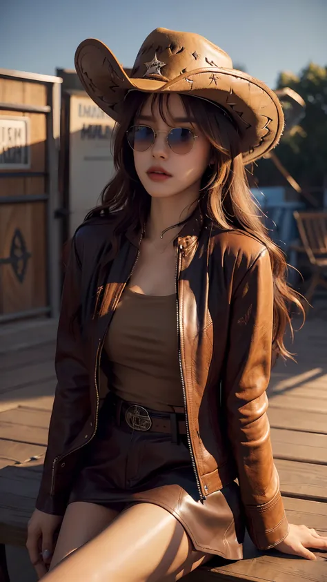 4k hltra hd, mastermiece, best quality, a girl, good face, sun glasses, detailed lips, long hair, strait hair, wearing cowboy outfit, blue leather jacket, cowboy hat, blurred background, morning, sitting, whole body capture,