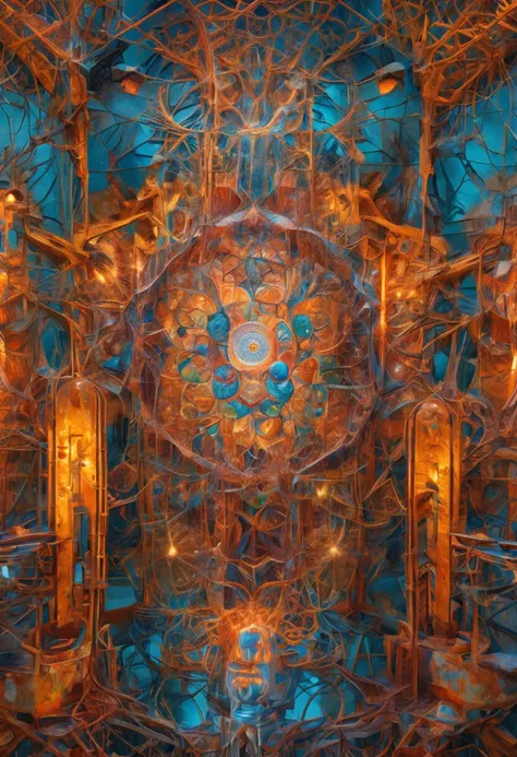 Beautiful symmetrical full body photo painted in oil with thick brushstrokes and wet paint, Fibonacci, golden ratio, melted wax, visible brushstrokes, surrounded by crystal spheres, 3D tessellation wireframe, neural graphic, neurons, tree of life, color, l...