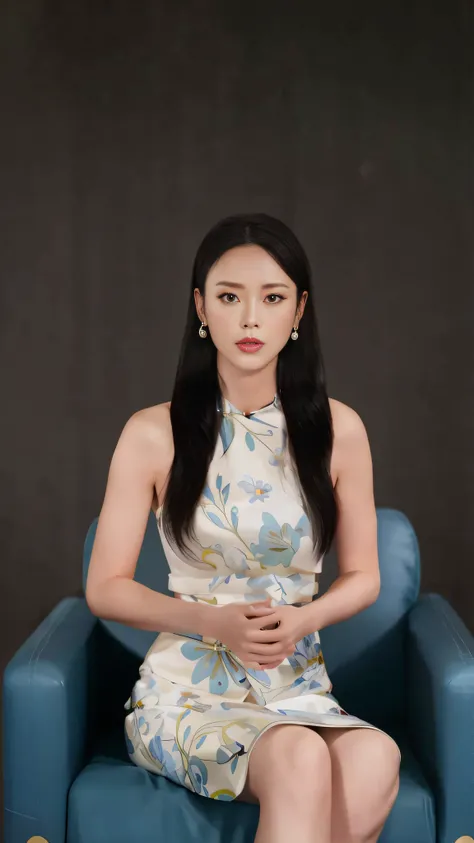 The Alfeid woman sat in a blue chair，Place your hands on the sofa, shaxi, Xianxia, Li Zixin, wenfei ye, xintong chen, full-body xianxia, xision wu, Lu Ji, yanjun cheng, dilraba dilmurat, jinyiwei, xue han, xianxia fantasy, lulu chen