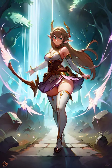 ((masterpiece - artwork - detailed - best quality)) - anime style - genshin impact 1 style female - full body - elf - elven princess - brown hair - long hair - hime cut - blue eyes - weapon - bow - hand - medium breasts - green elf bodice - pink skirt - ti...