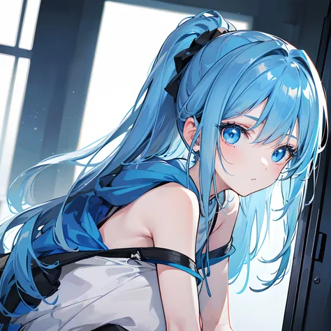 (1 girl, solo), indoor girl, girl wearing a blue hoodie, petite body, ice blue hair, ponytail, exposed shoulders, wearing headphones, shorts, leg straps, slippers, girl listening to music, cute and playful girl, blue eyes, vibrant atmosphere, dramatic scen...