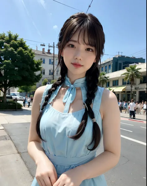 a woman posing on the street corner with light blue dress on, best quality, 1girl, large breasts, day, bright, blur background, bokeh, outdoor, (street:0.8), (people, crowds:1), (lace-trimmed dress:1.5, sleeveless dress, light blue clothes, light blue high...