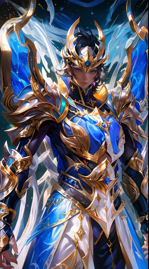 Ultra-high saturation，（tmasterpiece）， fully body photo，（best qualtiy）， （1girll）， starryskybackground，Wearing shiny gold armor， Sexy lingerie type armor，Expose your chest，Expose the waistline，Exposing thighs，cool-pose， Saint Seiya Armor， messy  hair，high de...