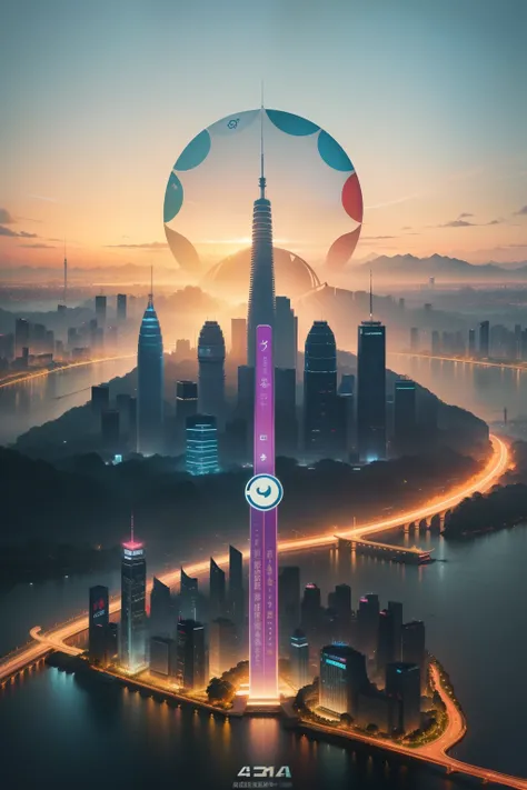 Hangzhou，Asian Games，城市，Close-up of poster with city as background, Artistic cover, painting art, painting illustration, digital painting art, , illustration painting, Futuristic painting, paiting,  digital 4k painting