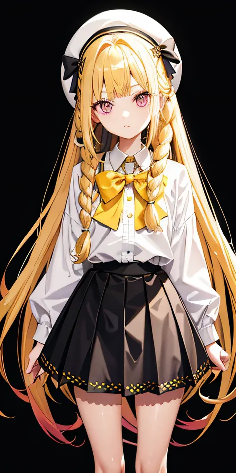 Long yellow hair，Twist braids，Pink eyes，flat bangs，short  skirt，Cat cat，rosette，crosses，flat bangs，13-year-old girl，JK school uniform，White gold color scheme