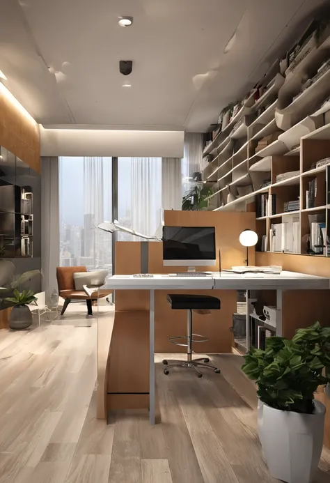 "Show an image capturing the allure of modern design and convenience in an officetel. Display a compact yet stylish living space that highlights how modern design seamlessly meets practicality. The image should evoke a sense of urban living, showcasing the...