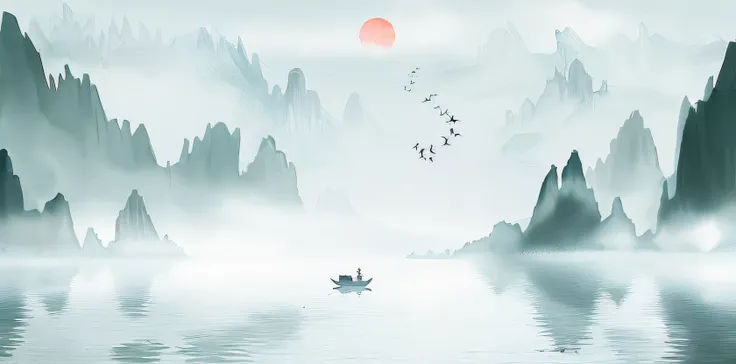 There was a boat floating in the water，Birds fly on it, in a serene landscape, Chinese landscape, Chinese style painting, serene illustration, Inspired by Ma Yuan, Chinese painting style, peaceful scenery, Chinese watercolor style, author：Xu Xi, serene sce...