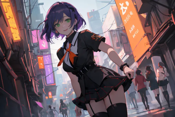 masterpiece, a drawn cartoon character dressed up in an orange and black skirt and thigh highs, 1girl, solo, thighhighs, green eyes, purple hair, school uniform, skirt, zettai ryouiki, smile, large breasts, academic city, school, students, cyberpunk, neon ...