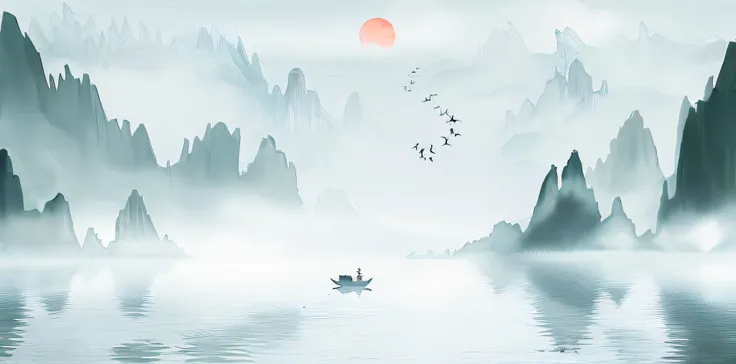 There was a boat floating in the water，Birds fly on it, in a serene landscape, Chinese landscape, Chinese style painting, serene illustration, Inspired by Ma Yuan, Chinese painting style, peaceful scenery, Chinese watercolor style, author：Xu Xi, serene sce...