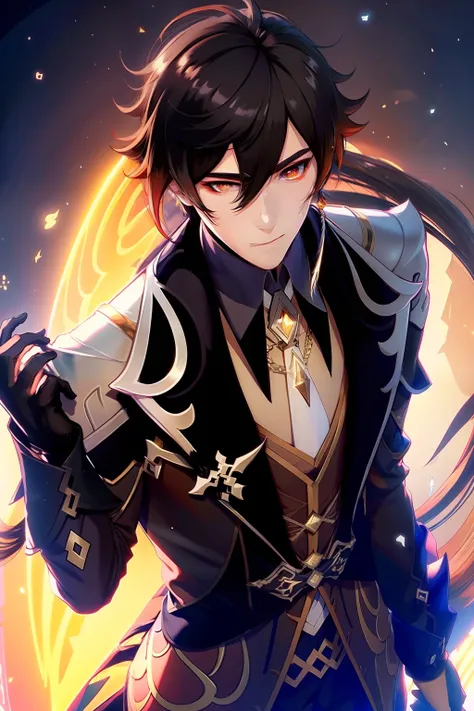 moe-style anime villain boy with short black hair, noble black clothes in Victorian style standing in the sky looking from above, with top view, not showing face, not showing eyes, mouth, not showing his face, not showing his head, hiding the feature with ...