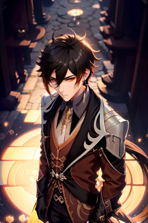 moe-style anime villain boy with short black hair, noble black clothes in victorian style standing in the sky looking from above...