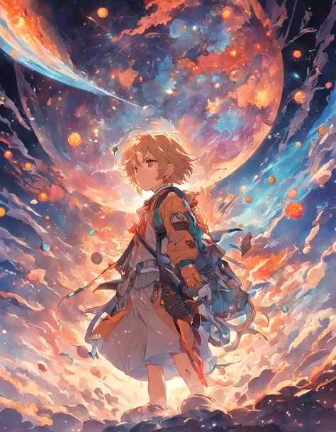 A teenager dressed in an explorers costume flies through the sky，Surrounded by a planet of various ingredients，There is a galaxy made up of noodles，A variety of vegetables surround it。The teenager holds the map，s illustration。