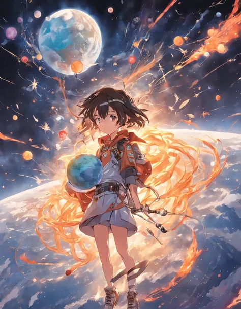 A teenager dressed in an explorers costume flies through the sky，Surrounded by a planet of various ingredients，There is a galaxy made up of noodles，A variety of vegetables surround it。The teenager holds the map，s illustration。