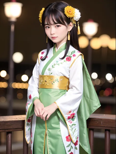 Chinese women in period costumes pose for a group photo, Long-sleeved Han costume, Varied, ，Insert hairpins into coiled hair, The clothes are fluttering，Side full body fairy, , Standing on a small bridge, His melancholy eyes looked into the distance, Wear ...