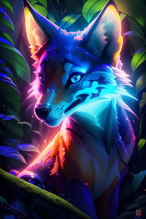 Raposa antropomorphic realista de cores vivas iriscente com olhos brilhantes e cauda brilhante, ultra realistic antropomorph ethereal fox, raposa digital iriscente, arte de fantasia digital colorida, arte digital luminescente, Arte digital altamente detalh...