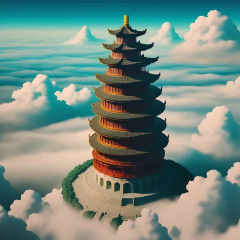 Sea of Clouds，Taoist，Immortal and faint，8k，anaglyph，ancient buildings of China