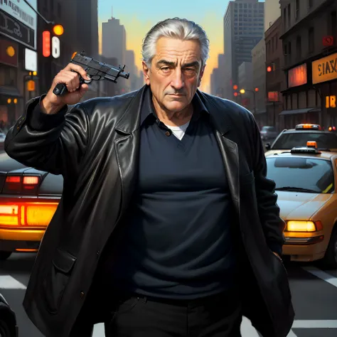 Best quality, Masterpiece, A painting of a man Robert De Niro ( with black hair), gangster pose, Miami City background, street, taxi cab in the background, perfect Art, Art, Intricate Digital Painting, original Artwork, Illustration, guns in hand, digital ...