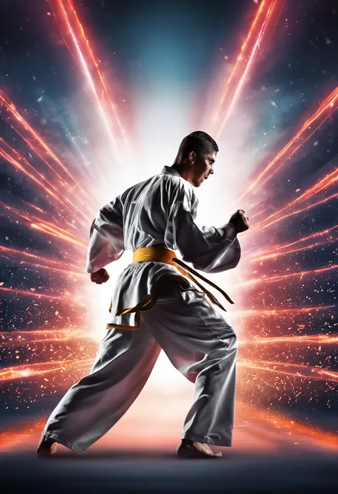 kimono branco, gola preta, faixa preta, faixa dourada, esporte de luta, taekwondo de alta qualidade, dynamic action, movimentos poderosos, Dynamic background for sports poster.