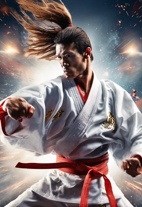 kimono branco, gola preta, faixa preta, faixa dourada, esporte de luta, taekwondo de alta qualidade, dynamic action, movimentos poderosos, Dynamic background for sports poster.