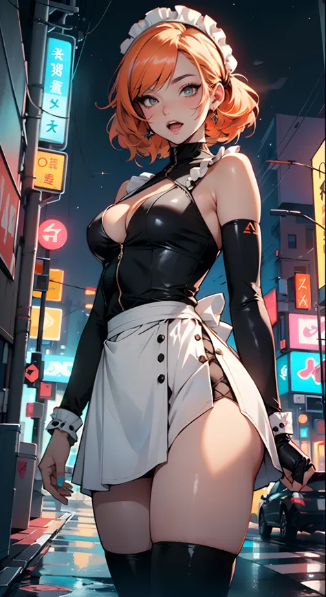 maid girl,(((1girll))),((Anime maid girl seductively walking down the street，She has extremely cute and beautiful orange hair)),

(Large breasts:1.4),crisp breasts,Fluffy breasts,H cup bust,bust up,bulging bust top,(((Orange double tail hair:1.35,Colored i...